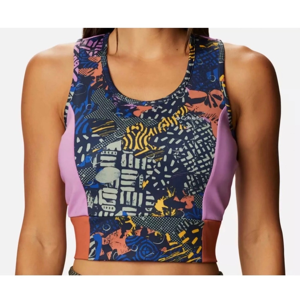 Columbia Printed Colorblock Longline Sports Bra Purple Orange 1X